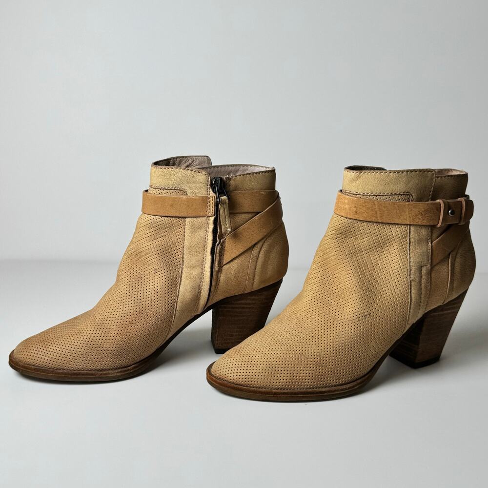 Dolce Vita Yuri Perforated Leather Ankle Boots Tan Buckle Strap Women Sz 8